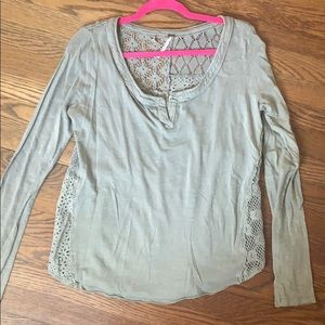 Free People Army Green Lace Back Long Sleeve Tee